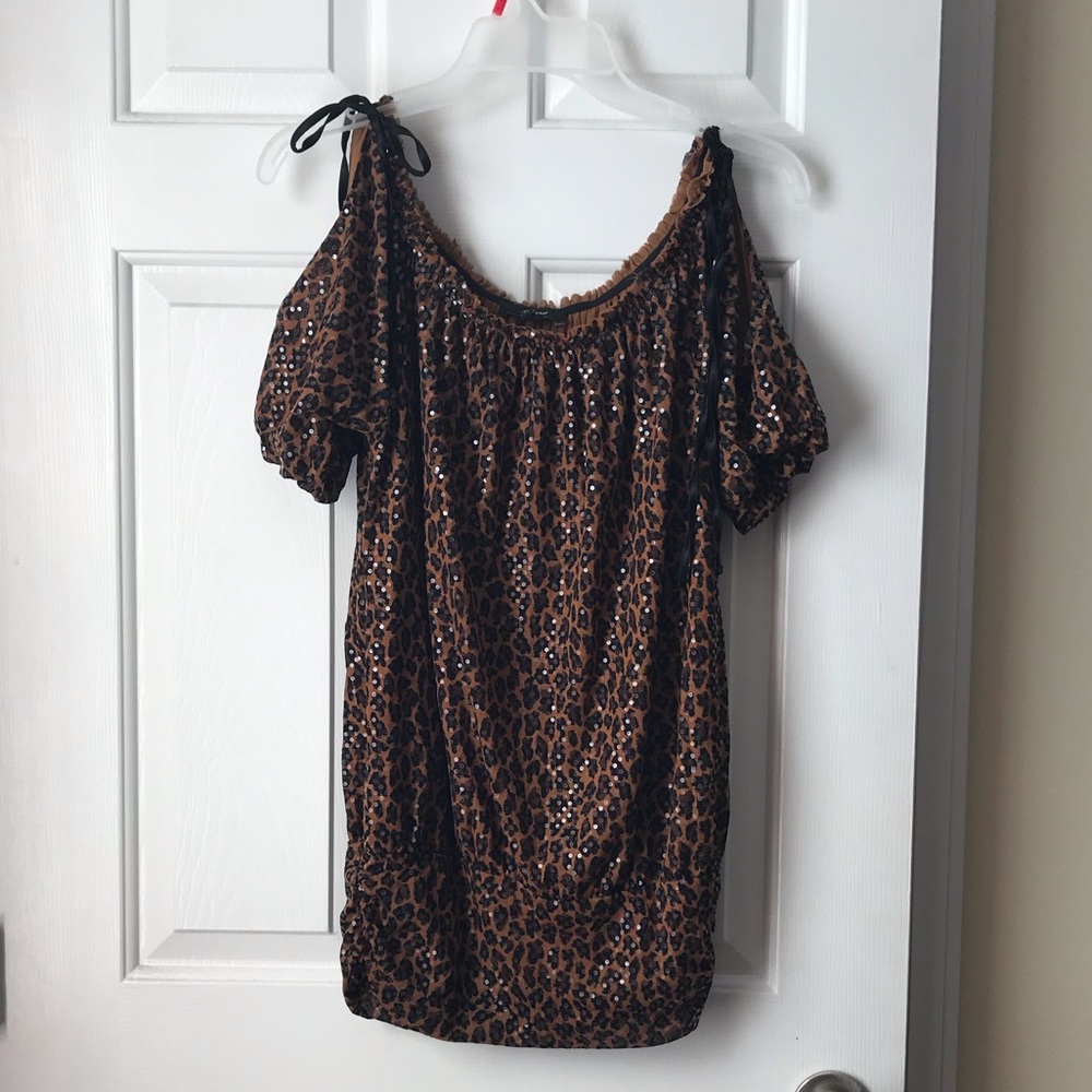 Off the shoulder animal print sequence top